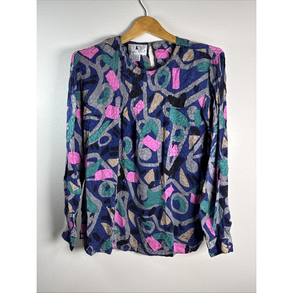 Vintage 80's‎ Flora Kung Abstract multicolor, long sleeve silk Blouse